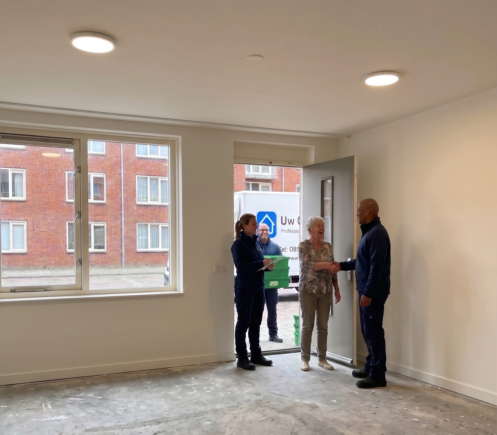 Medewerker van Uw Ontruimer schudt de hand van een tevreden klant in een leeg opgeleverde woning