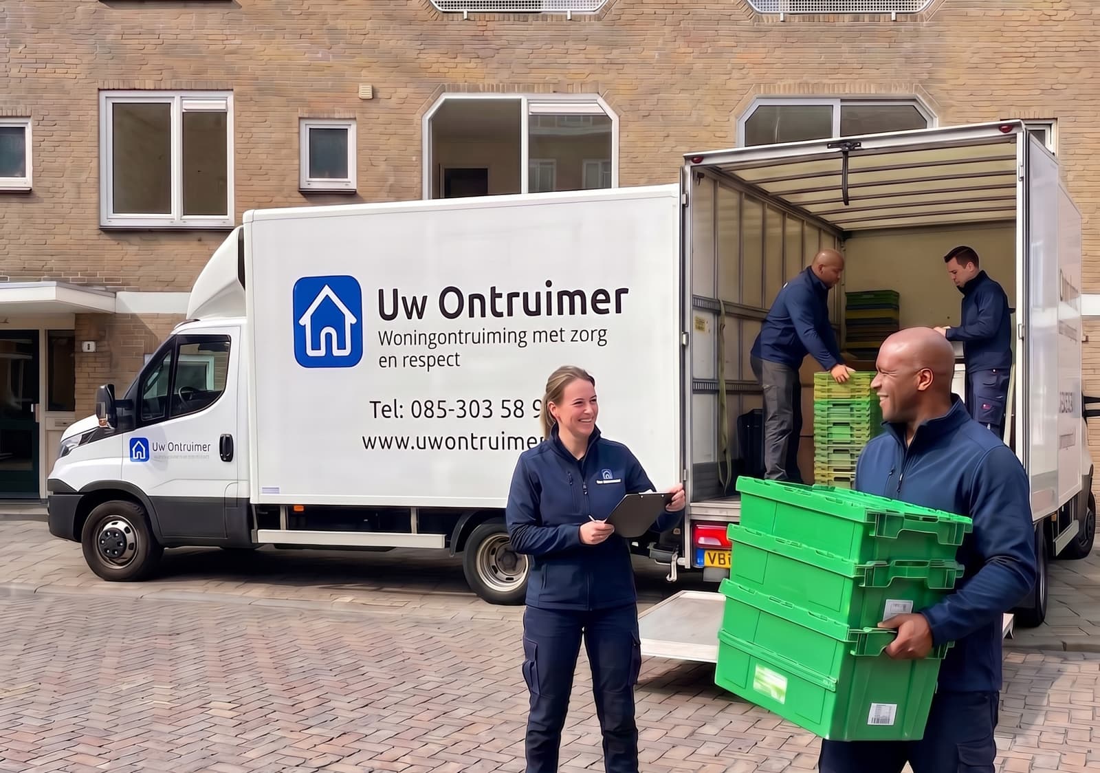 Medewerkers van Uw Ontruimer laden verhuisdozen in de bedrijfsbus tijdens een woningontruiming in Deventer